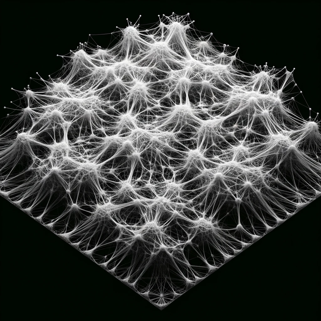 DALL·E 2024-02-08 21.50.50 - An intricate organic network with no distinct nodes, consisting only of interconnected white fibers on a black background. The fibers weave together t.webp